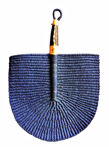 Blue Solid Color Woven Grass Hand Fan Leather Handle