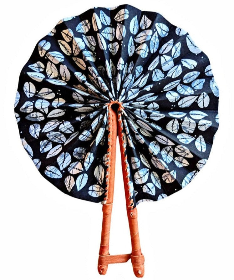 Black Blue African Print Fabric Folding Hand Fan