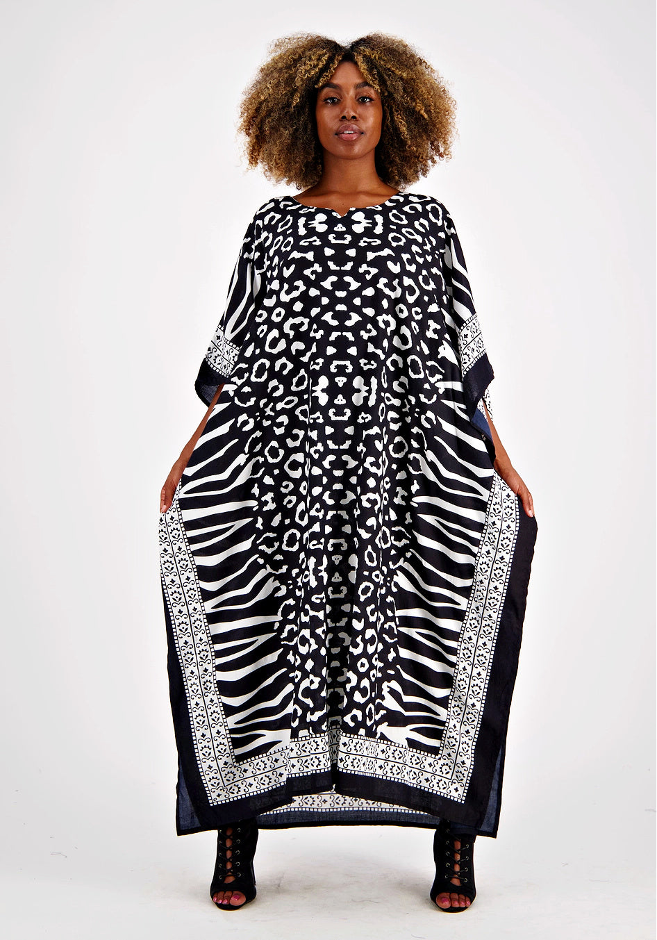 Black White Zebra Leopard Pattern Kaftan