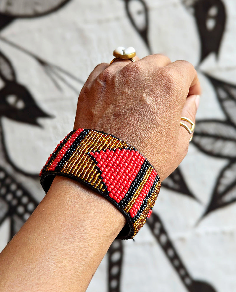 Red Black Bead Leather Cuff Bracelet