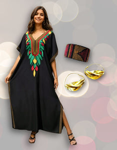 Embroidered Black Kaftan Jewelry Set Feathers