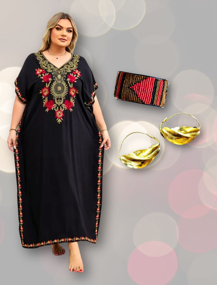 Embroidered Black Kaftan Jewelry Set Roses