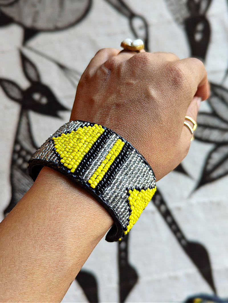 Yellow Black Bead Leather Cuff Bracelet