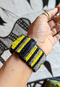 Yellow Black Bead Leather Cuff Bracelet