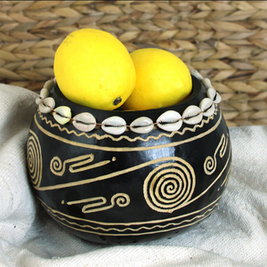 Small Etched Gourd Bowl Cowrie Shells Red