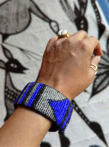 Blue Black Bead Leather Cuff Bracelet