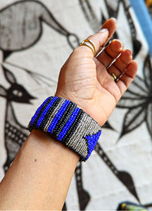 Blue Black Bead Leather Cuff Bracelet