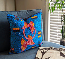 African Print Fabric Pillow Cover - Blue Red Butterflies