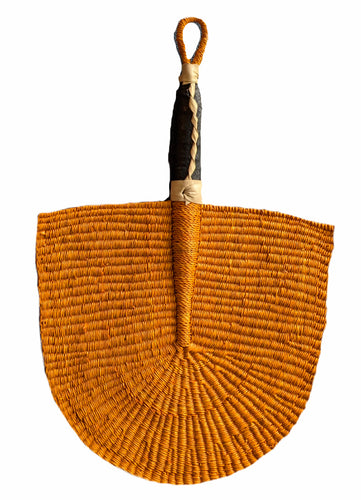 Orange Solid Color Woven Grass Hand Fan Leather Handle