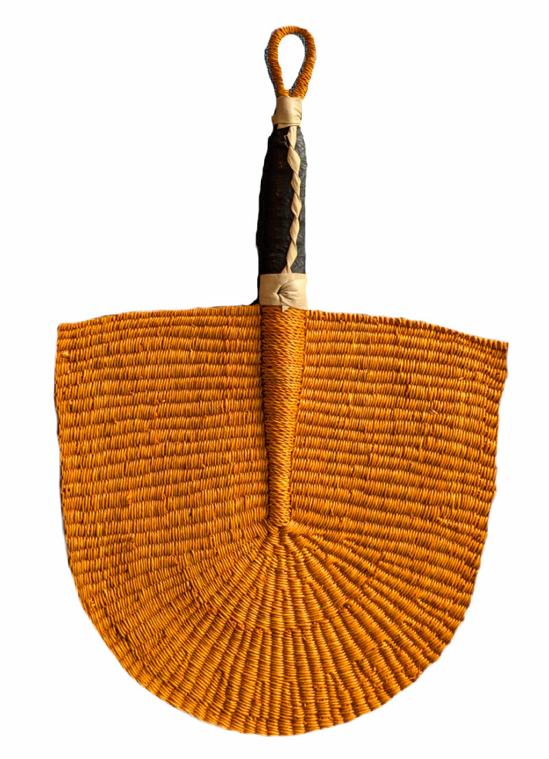 Orange Solid Color Woven Grass Hand Fan Leather Handle