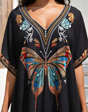 Embroidered Butterfly Black Kaftan Dress