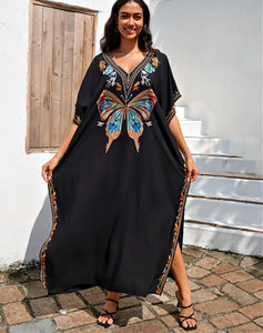 Embroidered Butterfly Black Kaftan Dress