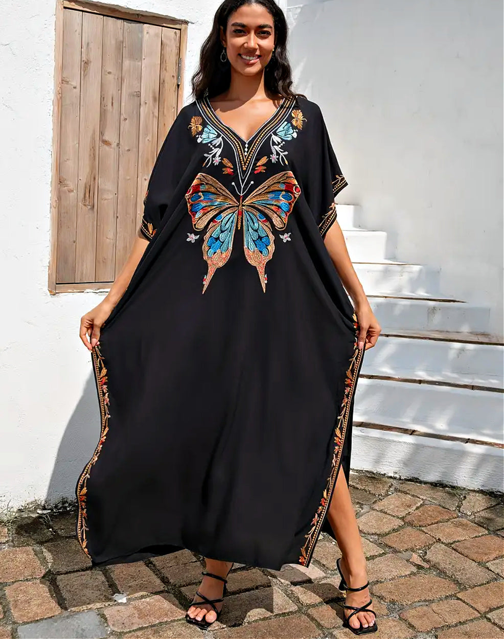 Embroidered Butterfly Black Kaftan Dress