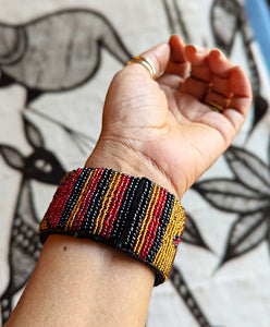 Deep Red Black Gold Bead Leather Cuff Bracelet