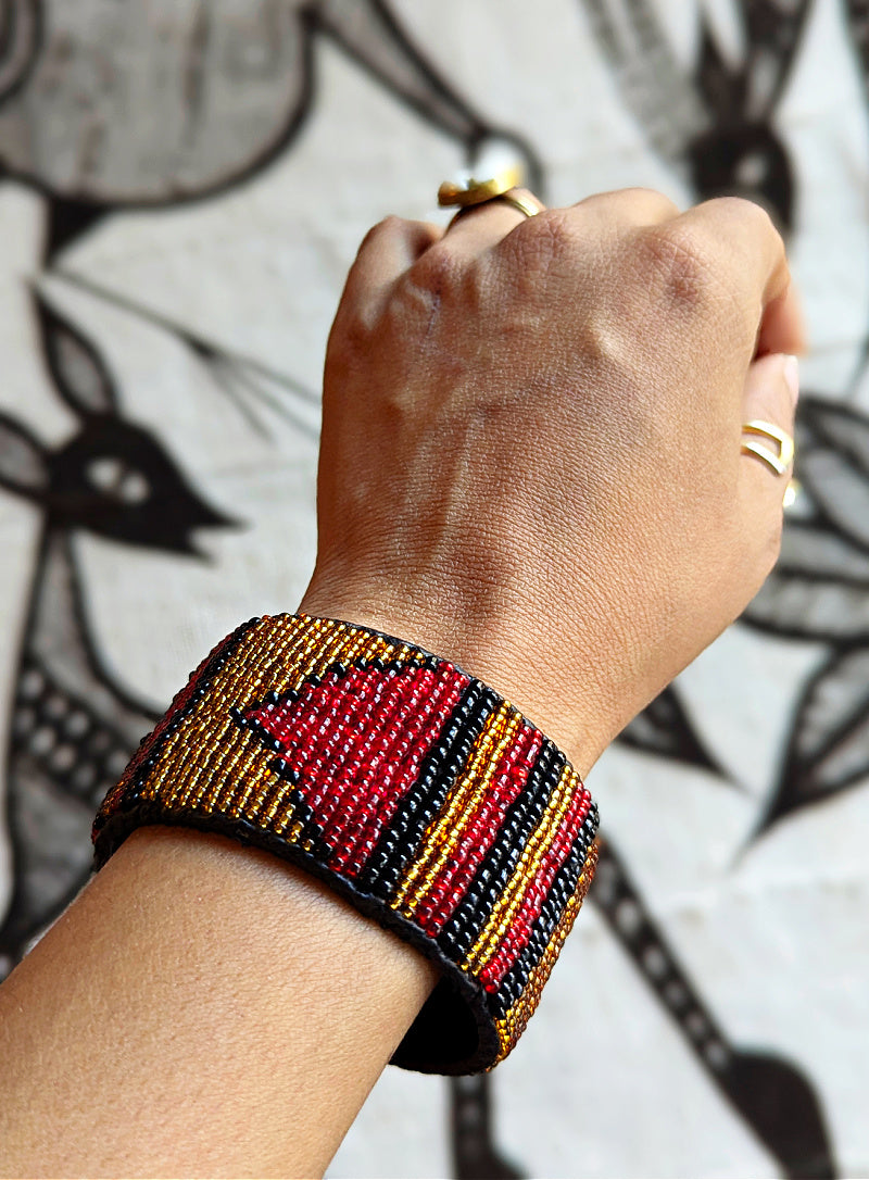 Deep Red Black Gold Bead Leather Cuff Bracelet