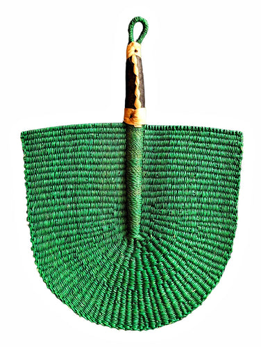 Green Solid Color Woven Grass Hand Fan Leather Handle