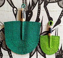 {Imperfections} Green Solid Color Woven Grass Hand Fan Leather Handle