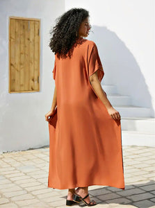 Long Elegant Kaftan Embroidered Coral