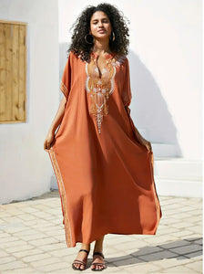 Long Elegant Kaftan Embroidered Coral