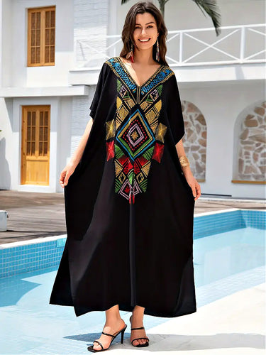 Black Kaftan Dress Embroidered Aztec Design