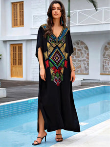 Black Kaftan Dress Embroidered Aztec Design