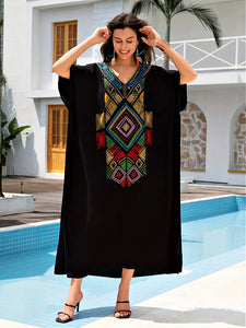 Black Kaftan Dress Embroidered Aztec Design