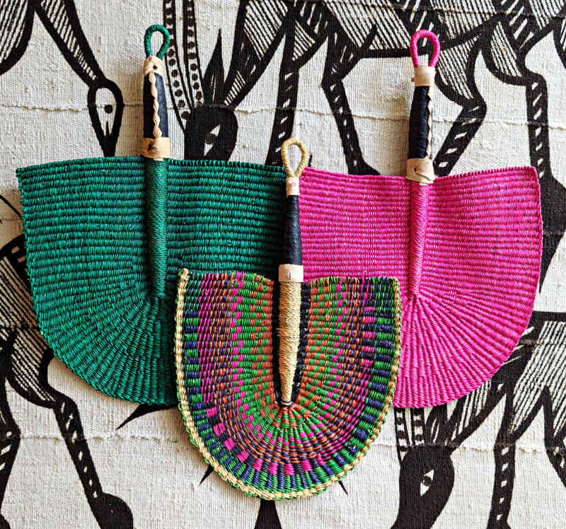 Pink Green Woven Hand Wall Fan Set of 3