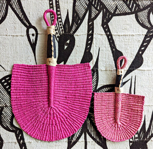 Pink Solid Color Woven Grass Hand Fan Leather Handle