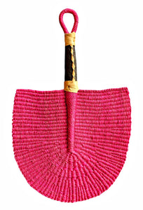 Pink Solid Color Woven Grass Hand Fan Leather Handle