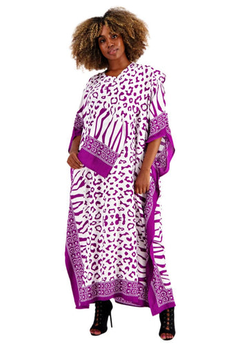 Long Boho Kaftan Purple White Animal Print