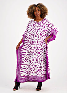 Long Boho Kaftan Purple White Animal Print