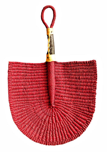 Red Solid Color Woven Grass Hand Fan Leather Handle