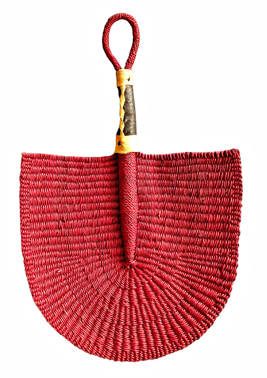 Red Solid Color Woven Grass Hand Fan Leather Handle