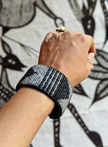 Black Silver Bead Leather Cuff Bracelet