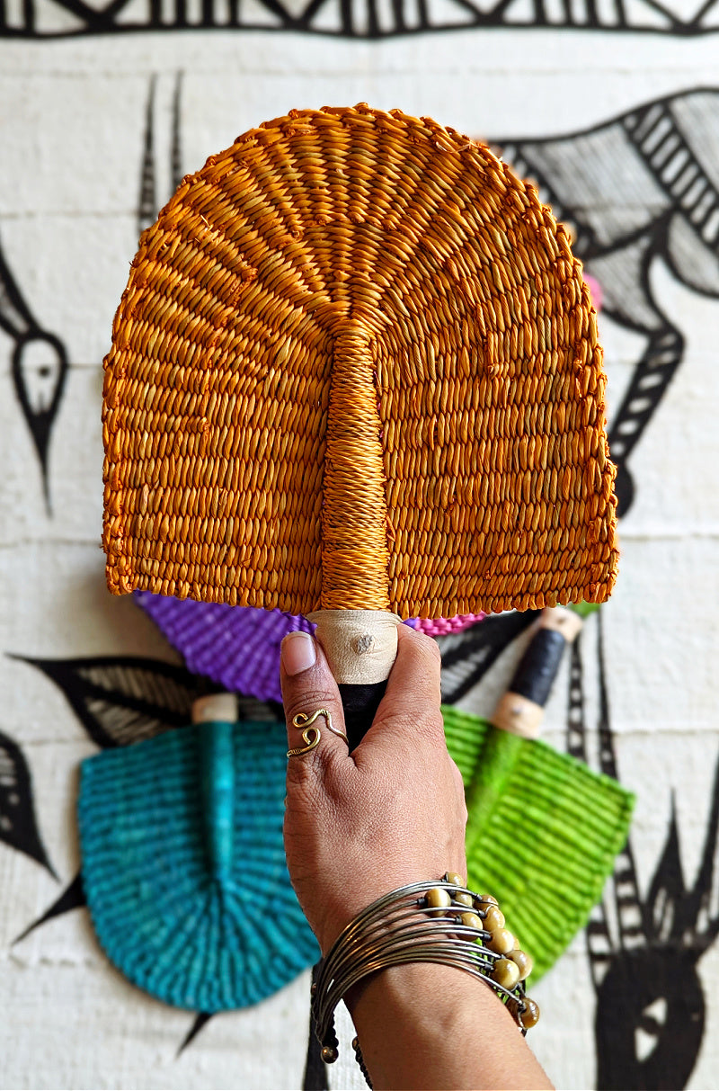 Mini Orange Solid Color Woven Grass Hand Fan