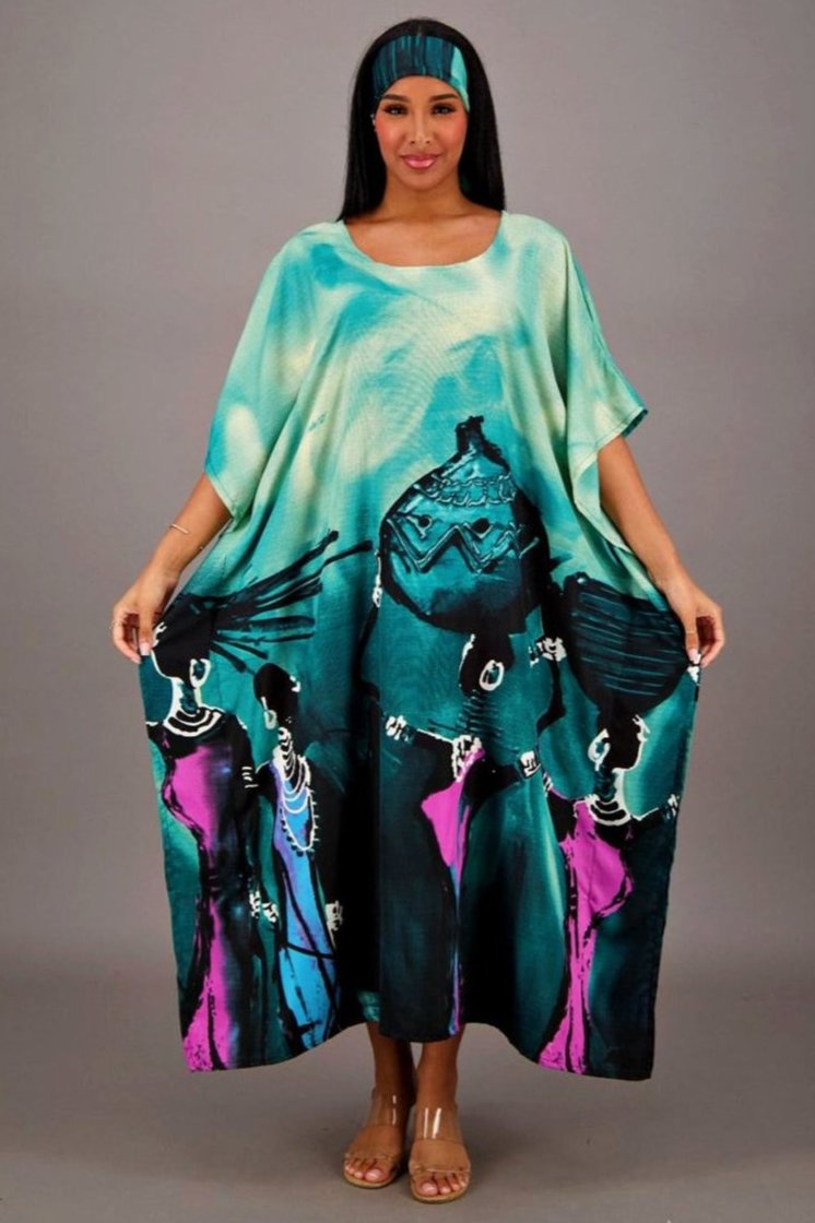 Long Elegant Kaftan With Scarf Teal Blue