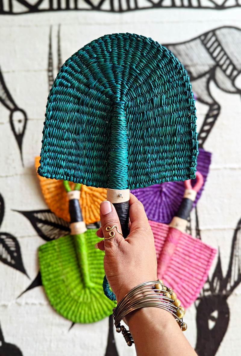 Mini Teal Solid Color Woven Grass Hand Fan