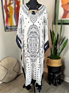 Kaftan White Black Paisley Tunic Cover Up