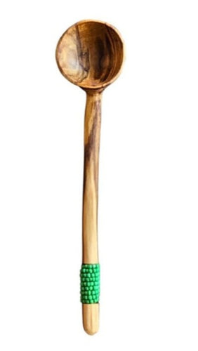 Olive Wood Sugar Spoon Green Bead Handle